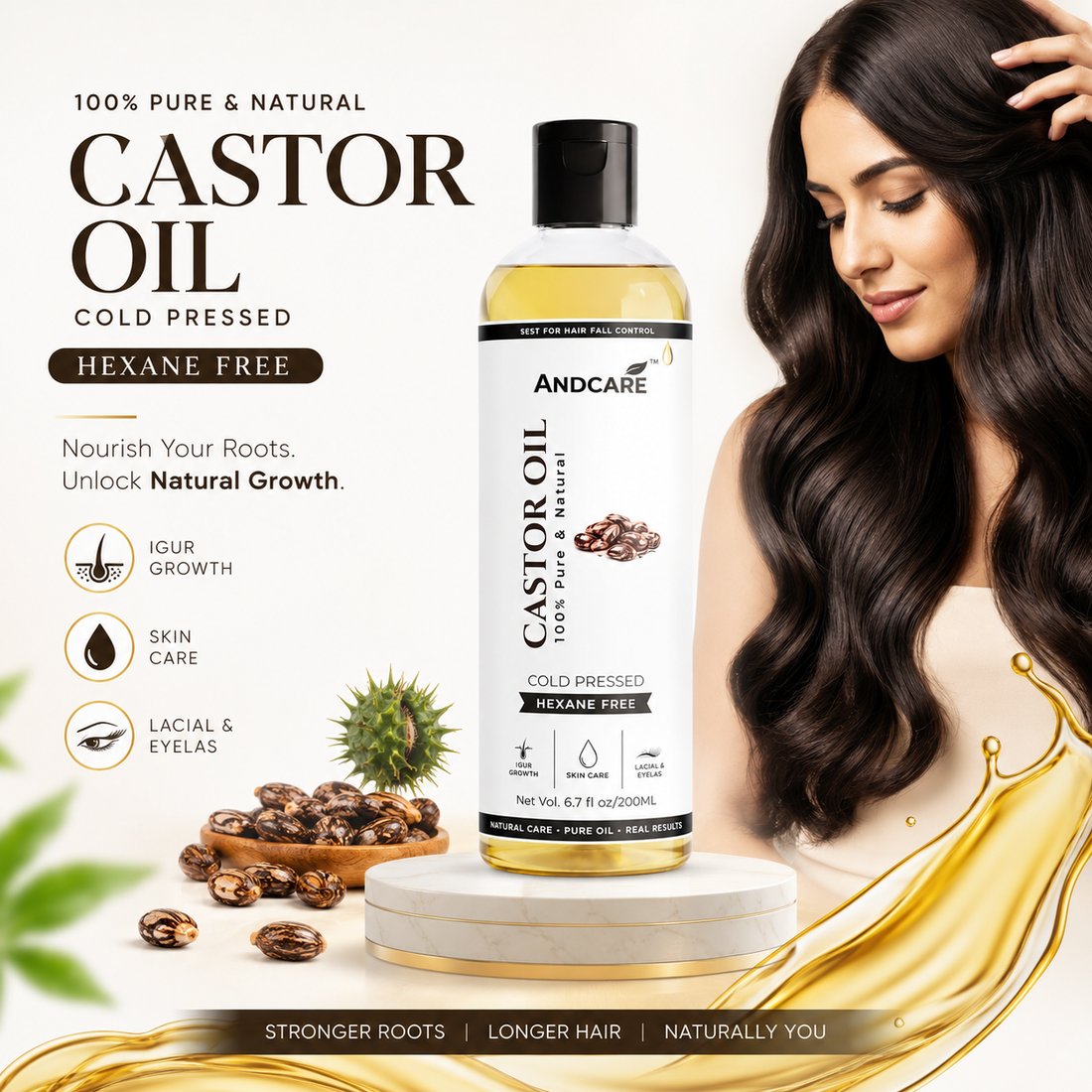 Castor oil  Andcare Naturals Cold Pressed Virgin Castor Hair Oil | Arandi Tel | For Hair Growth, Nail cuticles, Eyelash & Eyebrows | Hydrates Skin & Reduces Wrinkles | Suitable For All Hair Types - 200ml